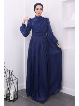Saks Mavisi Yaka Detaylı Balon Kol Abiye Elbise