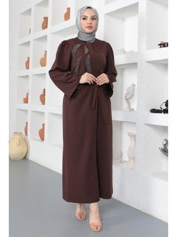 Taş Detaylı Kahverengi Ferace