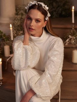 Taş İşlemeli Ekru Abiye Elbise