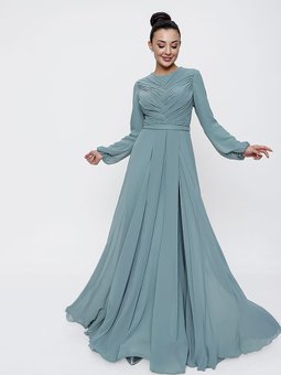 Üstü Büzgülü Beli Kemerli Astarlı Uzun Şifon By Saygı Abiye Elbise Mint