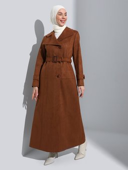 Yakası Pileli Kemer Tokalı Süet Görünümlü Olcay Pardesü Taba