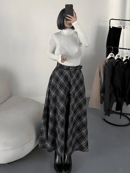 Siyah Ekose Önü Düğmeli Kemerli Etek