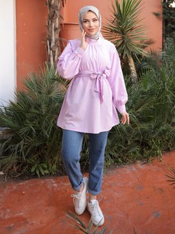 Kol Yaka Büzgülü Kemerli Lila Tunik