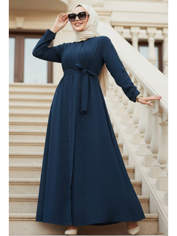 Boncuk İşlemeli İndigo Mavisi Abaya 29118ım