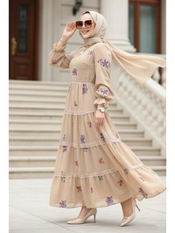 Çiçek Desenli Bej Elbise 32816bej