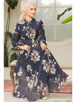 Çiçek Desenli Lacivert Elbise 50355l