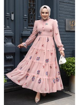 Çiçek Desenli Pudra Elbise 32816pd