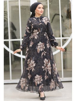 Çiçek Desenli Siyah Elbise 50355s