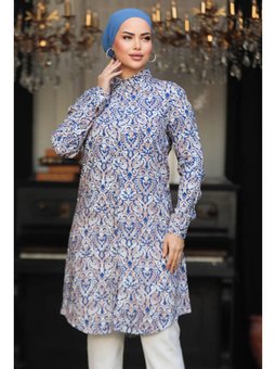 Desenli İndigo Mavisi Viskon Tunik 11607ım