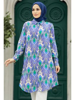 Desenli İndigo Mavisi Viskon Tunik 11621ım