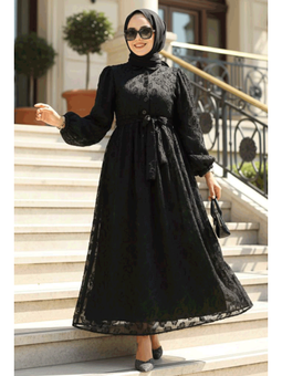 Desenli Siyah Elbise 14012s