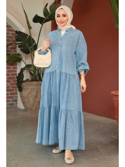 Düğmeli Mavi Kot Elbise 10622m