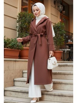 Kapüşonlu Kahverengi Kaşe Kap 62341kh