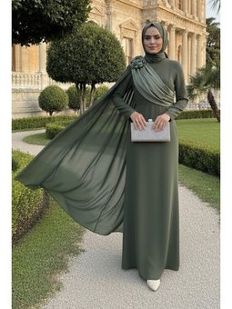 Pelerin Detaylı Haki Saten Abiye Elbise 57913hk