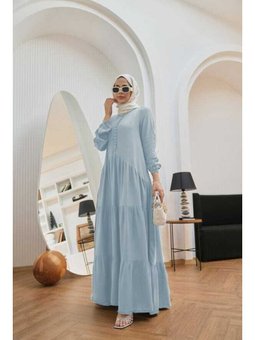 Tensel Britli Düğmeli Büzgülü Elbise Mavi