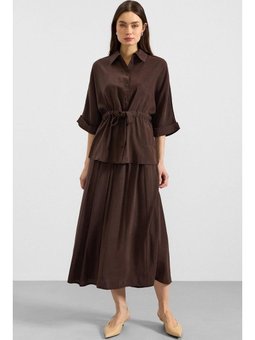 Belden Büzgülü Truvakar Kollu Modal Gömlek Kahve