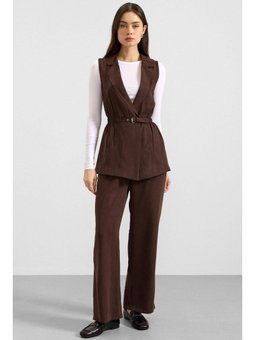 Beli Büzgülü Kemer Detaylı Modal Yelek Kahve