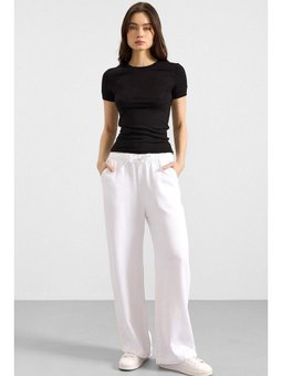 Beli Lastikli Rahat Kesim Soft Denim Beyaz Pantolon