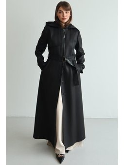 Çıkabilir Kapüşonlu Deri Garnili Gabardin Süet Görünümlü Siyah Pardesü