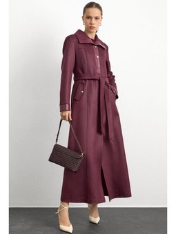 Deri Ve Çıt Aksesuarlı Gabardin Süet Bordo Pardesü