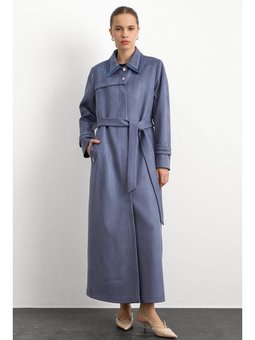 Gömlek Yaka İşleme Detaylı Süet Görünümlü Büyük Beden Mavi Pardesü