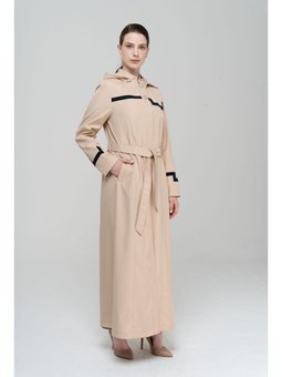 Hakim Yaka Çıkabilir Kapüşonlu Garni Detaylı Astarlı Uzun Bej Trençkot