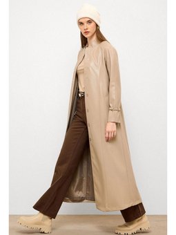 Hakim Yaka Kemer Detaylı Uzun Deri Trençkot Taş