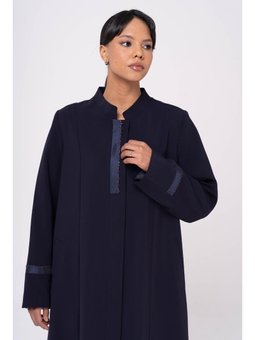 Hakim Yaka Tafta Ve İşleme Detaylı Astarlı Büyük Beden Lacivert Pardesü