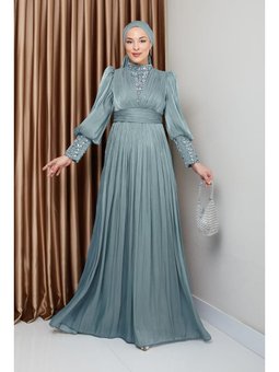 Kolları Ve Önü Taş Bezeli Yorgo İpek Su Yeşili Abiye Elbise