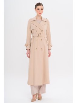 Kruvaze Leopar Desen Astarlı Su İtici Özellikli Uzun Bej Trençkot