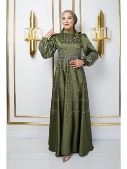 Önü Kolları Taş Ve Pul Bezeli Kloş Saten Açık Yeşil Abiye Elbise
