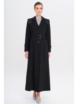 Pelerin Ve Kol Ağzı Taş Detaylı Astarlı Siyah Pardesü