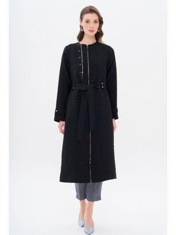 Sıfır Yaka Fermuar Detaylı Kapitone Desenli Hafif Siyah Kap