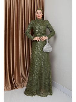 Volan Detaylı Payet Yeşil Abiye Elbise