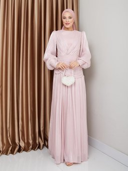 Volan Ve Plise Detaylı Kristal Şifon Pudra Abiye Elbise