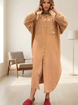 Bej Keten Karışımlı Yarasa Kol Tunik