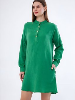 Benetton Yeşil Uzun Kollu Hakim Yaka Cepli Muslin Tunik