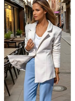 Beyaz Kendinden Desenli Astarlı Kaşe Tek Düğmeli Blazer Ceket