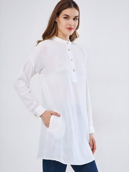 Beyaz Muslin Yazlık Hakim Yaka Cepli Tunik