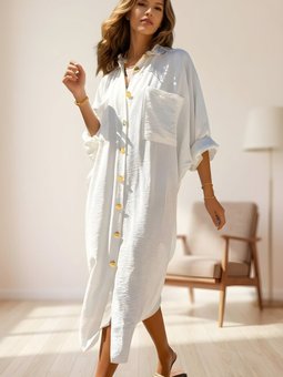 Ekru Oversize Yarasa Kol Keten Karışımlı Gömlek Tunik