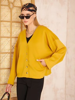 Hardal Scuba Kumaş Gümüş Düğme Detaylı Cepli Ceket Hırka