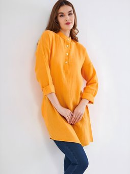 Hardal Yazlık Muslin Uzun Kollu Hakim Yaka Cepli Tunik