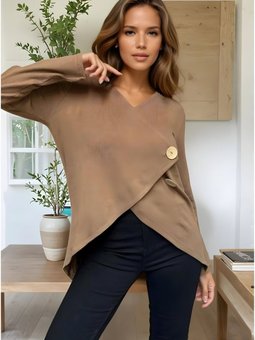 Kahverengi Salaş Uzun Asimetrik Kesim Düğmeli Hırka