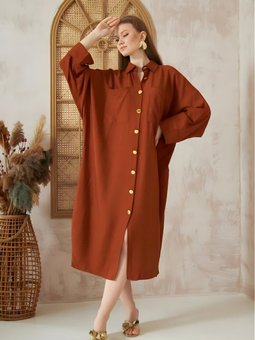 Kiremit Keten Karışımlı Yarasa Kol Gömlek Tunik