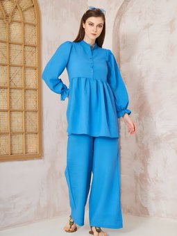 Mavi Gofre Balon Kol Büzgülü Beli Lastikli Cepli İkili Takım