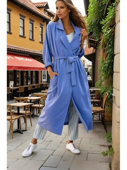 Mavi İnce Salaş Uzun Kemerli Cepli Düğmeli Yumuşak Dokulu Trençkot