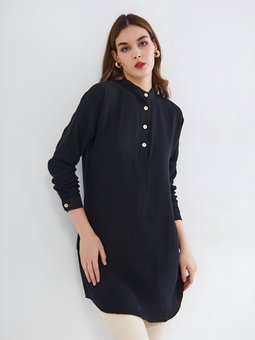 Siyah Muslin Hakim Yaka Cepli Yazlık Tunik