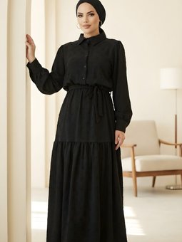 Siyah Uzun Balon Kollu Büyük Beden Elbise