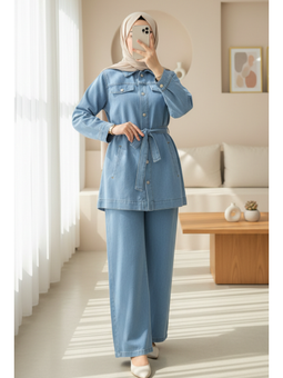 Açık Mavi Düğmeli Beli Kemerli Cepli Kot İkili Takım