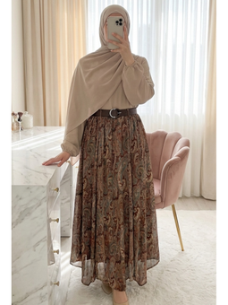 Asimetrik Kesim Astarlı Kemerli Şifon Haki Etek